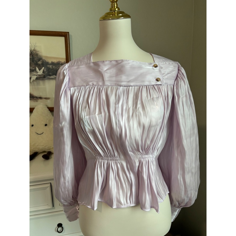cottage core Lavender Satin Blouse Metallic Pleated Puff Sleeve Square Neck Top